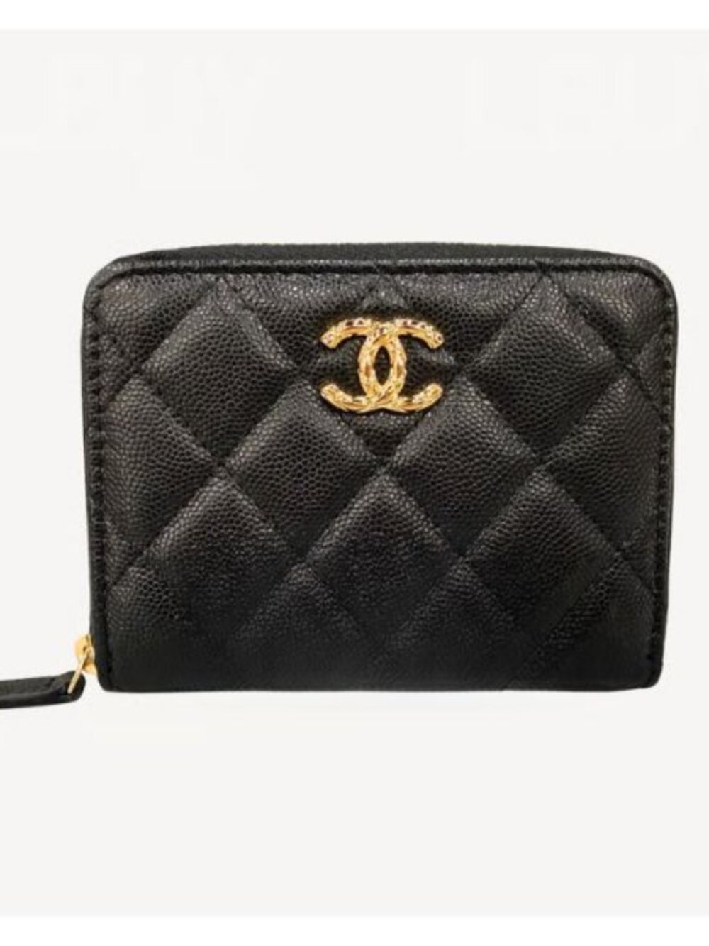 Authentic Chanel Small Zipped Pocket Wallet — Black Caviar Leather, Gold Hardwar